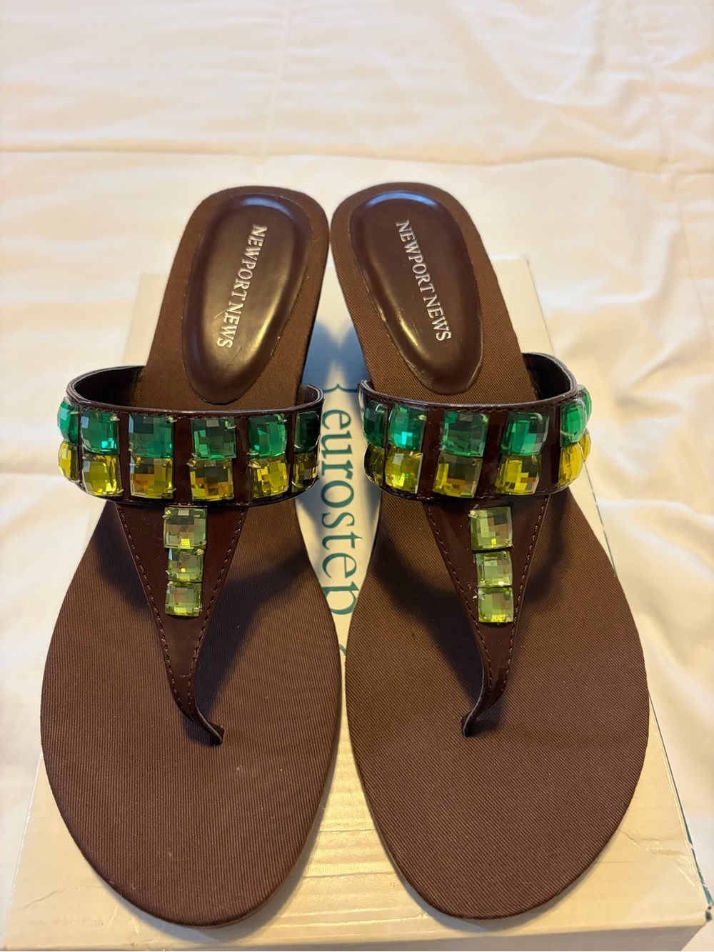 Newport News Brown Thong Sandals with Green & Yellow Gem Accents